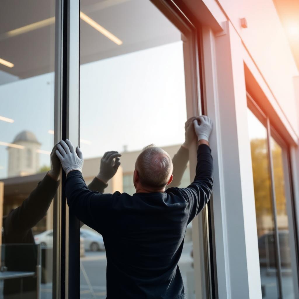 Professional installer applying architectural window film on commercial glass
